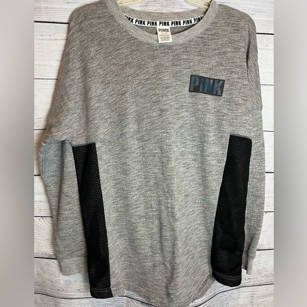 WOMEN’S VS PINK Long Sleeve Gray Shirt Black Mesh Sides Size M Oversized